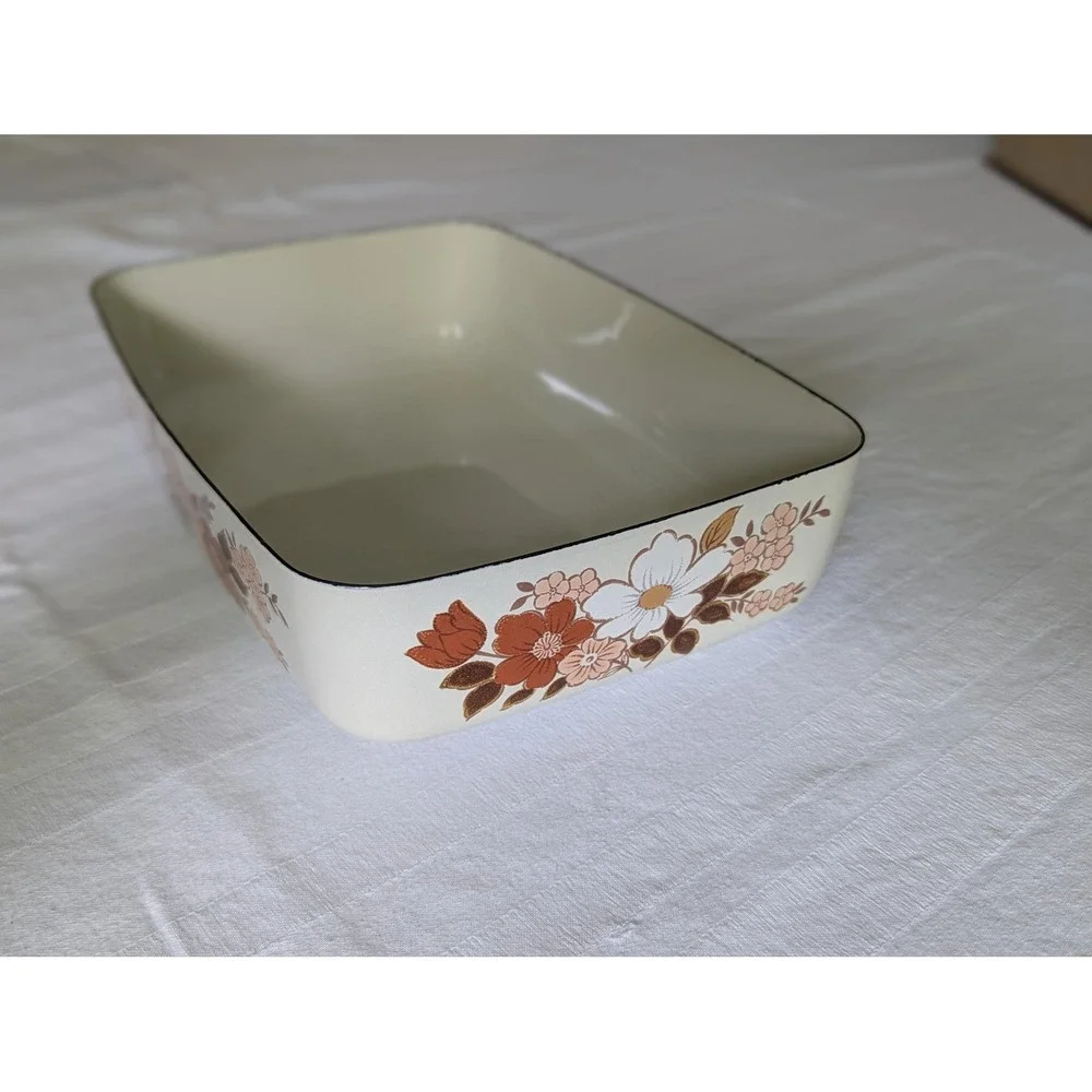Vintage Kingsbury Dogwood Casserole Dish 70's Enamelware Floral Mid-Century